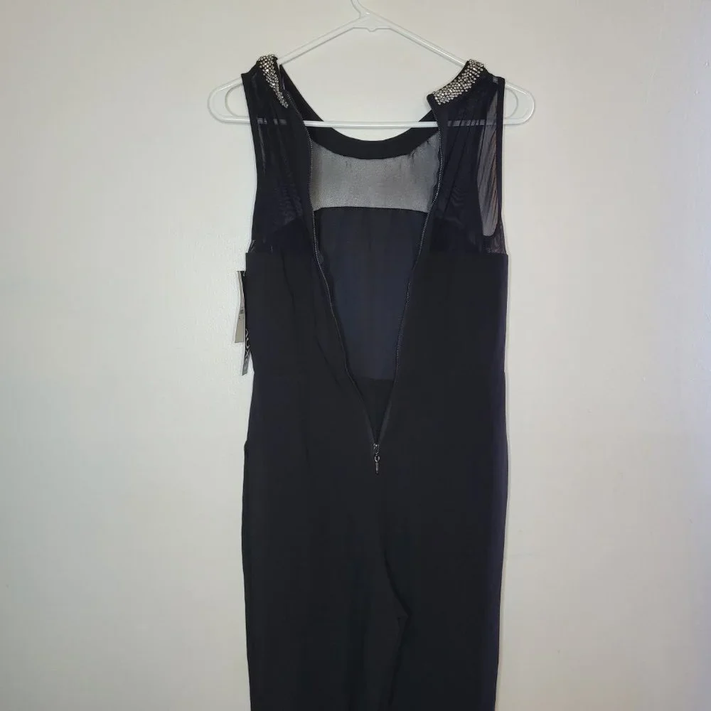 Nwt XOXO Jumpsuit Womens Black With Silver Beading Neckline Small Straight Leg - Picture 3 of 13